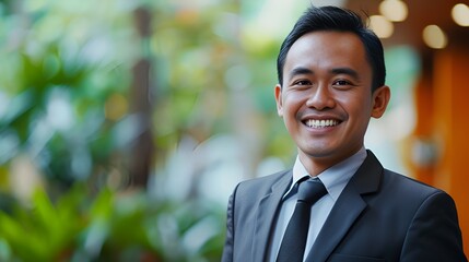 Indonesian Business Person with Friendly Smile, Indonesian, business person, friendly smile - obrazy, fototapety, plakaty