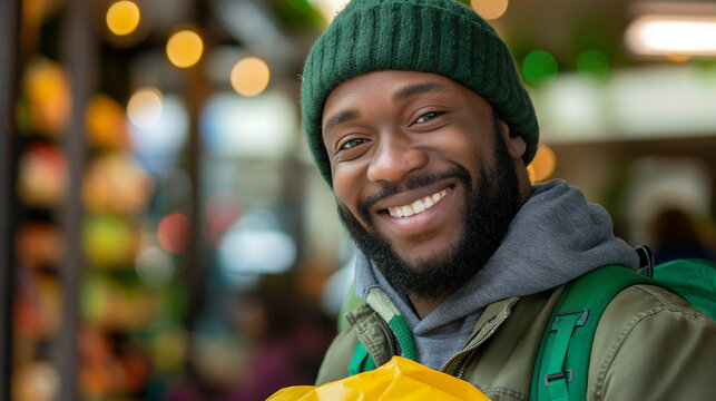 A close-up shot of a food delivery man's friendly smile as he carries a bag of food orders, his cheerful demeanor reflecting the dedication and commitment to providing exceptional