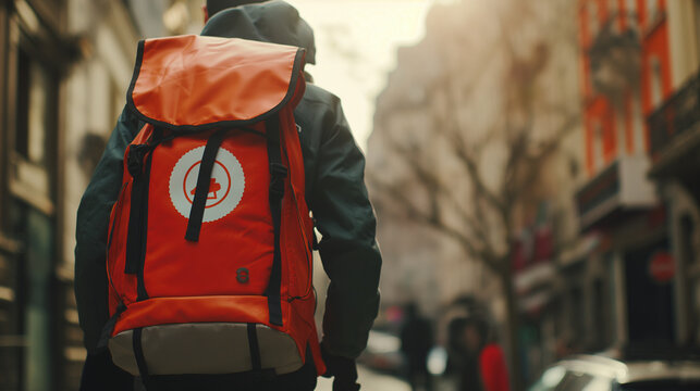 A close-up of a food delivery man's backpack adorned with the logo of the delivery service, filled with delicious meals ready to be delivered to hungry customers, ensuring convenie