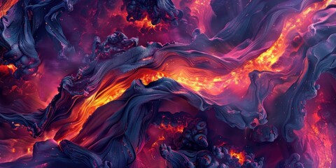 Intense colors and fiery movements of stylized lava swirls on the background.
