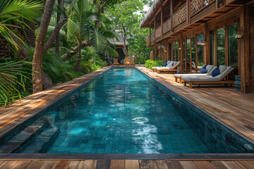 In a tranquil jungle resort, a luxurious pool oasis awaits, surrounded by lush greenery.