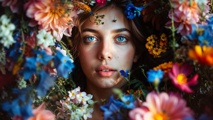 Woman surrounded with flowers. A captivating portrait of a beautiful woman gazing through the colorful flowers.