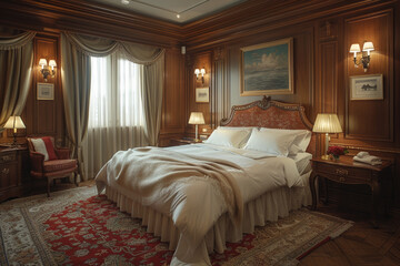In a residential classic bedroom, wooden furniture and elegant decor create a timeless elegance.