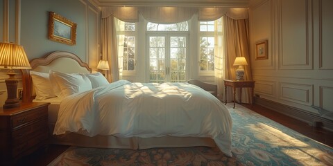 A classic luxury bedroom boasts elegant furniture, modern design, and bright ambiance.