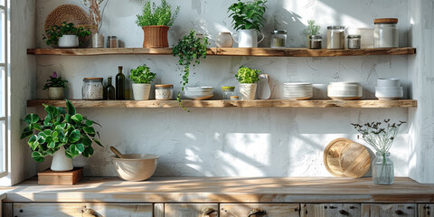 In a rustic interior, a stylish composition of tableware and plants adorn the shelf.