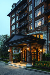 In the heart of town, a luxurious historical hotel stands as a symbol of elegance and grandeur.