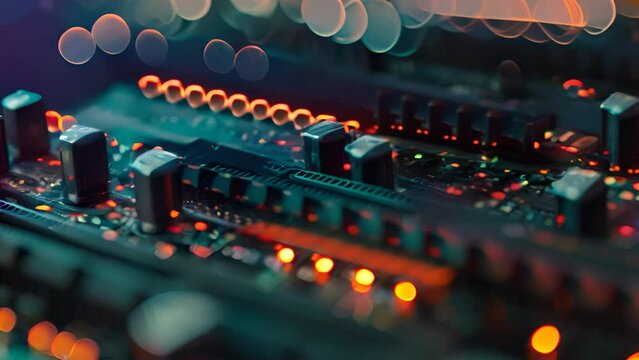 High-tech circuit board detail, micro view circuitry semiconductor flashing lights components, Electronics hardware close up