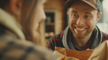 A close-up shot of a food delivery man's happy smile as he hands over a bag of food orders to a delighted customer, their interaction filled with appreciation and anticipation for