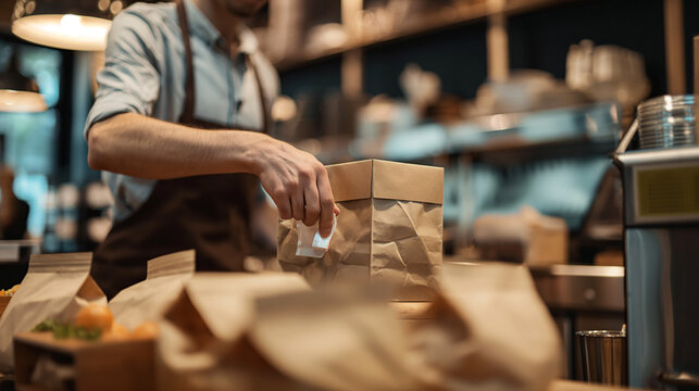 Close-up of a food delivery man's hand reaching out to pick up a carefully packaged order from the counter of a bustling cafe, the anticipation of delivering culinary delights evid