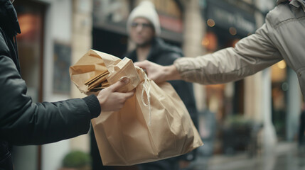Close-up of a food delivery man's hand receiving a bag of freshly prepared meals from the cafe staff, the exchange symbolizing the seamless collaboration between the restaurant and