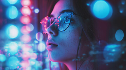 A portrait of a female hacker in cyberspace amidst a data matrix, emphasizing the intersection of identity and digital spheres.