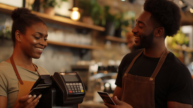 Close-up of a man holding his card in front of the payment terminal's NFC reader at the cafe, with the waitress beside him smiling warmly, her demeanor exuding professionalism and