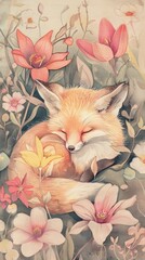 Naklejka premium Cute baby fox postcard painting wildlife blossom.