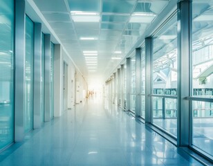 Beautiful light blue blurred background panoramic image of a spacious office or mall hallway.