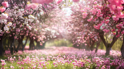 In the heart of a cherry orchard, a traveler is surrounded by a sea of pink and white blossoms,
