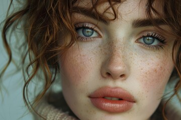 Close-up of a beautiful girl with colored eyes and freckles.