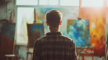 Fototapeta premium Man in Blurred Creative Brainstorm with Art Studio, Man, blurred, creative brainstorm, art studio