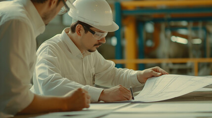 Close-up of two engineers in white helmets poring over architectural plans with furrowed brows, the intricate details of the drawings reflecting the precision and expertise require