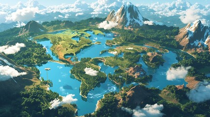 A lake in the shape of the world's continents in the middle of untouched nature. A metaphor for ecological travel, conservation, climate change, global warming and the fragility of nature.3d  