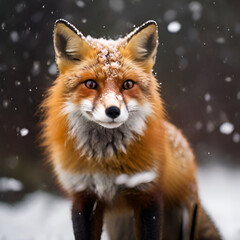 Fototapeta premium A striking red fox gazes directly at the camera, its sharp eyes and vibrant orange fur standing out against a soft, bokeh background in hues of autumn - majestic red fox 