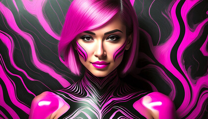 Beautiful pink haired female model with pink and black body and face paint. Hair show concept art.