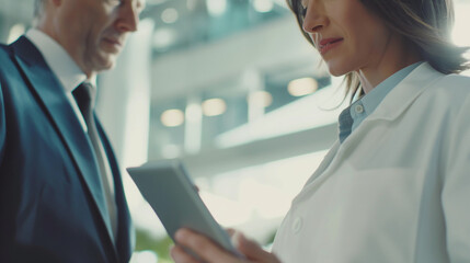 Fototapeta premium A close-up shot of a female doctor in a modern hospital room, discussing patient care plans on a tablet with a man in a formal business suit, the bright and airy atmosphere reflect