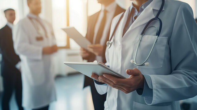 A close-up shot of a female doctor in a modern hospital room, discussing patient care plans on a tablet with a man in a formal business suit, the bright and airy atmosphere reflect