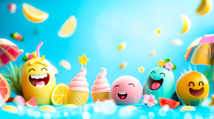Obraz premium Background with happy emoticons and summer symbols ice cream, beach ball, with space for text