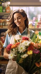 A woman is smiling and holding a bouquet of flowers
