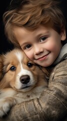 A young boy is hugging a small dog