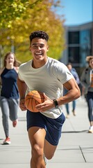 A man is running with a basketball in his hand