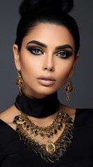 A woman with dark hair and makeup is wearing a gold and black necklace