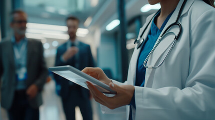 Close-up of a female doctor in a state-of-the-art hospital facility, presenting research findings on a tablet to a man in a professional business suit, their dialogue fostering inn