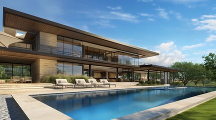 Fototapeta premium Contemporary Oasis: Luxury Living in a Modern Mansion with Poolside Splendor