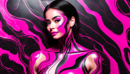 Gorgeous brunette female model with exotic hot pink and black body paint. AI generated.