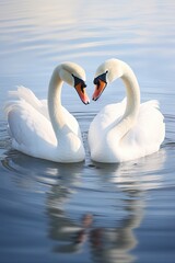 Fototapeta premium Two swans are swimming in a lake, one on the left and one on the right
