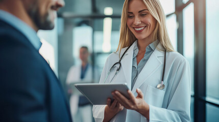 Close-up of a female doctor in a robe smiling gently as she presents medical data on a tablet to a man in a business suit, their collaborative consultation radiating professionalis