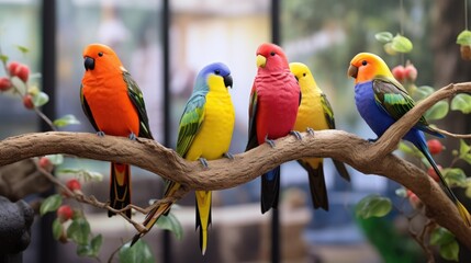 A group of colorful birds are perched on a branch