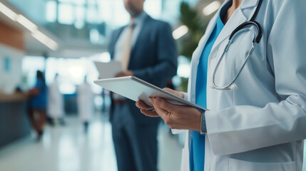 A close-up of a female doctor in a modern hospital setting, her slight smile reflecting professionalism and expertise as she shares treatment plans on a tablet with a man in a busi