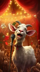 A goat is singing into a microphone in front of a crowd