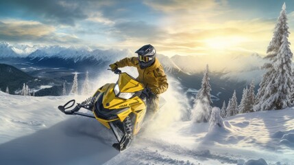 A man is riding a yellow snowmobile on a snowy mountain