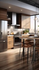 A modern kitchen with stainless steel appliances and wooden cabinets