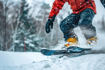 A man in a red jacket is snowboarding down a snowy slope - Powered by Adobe