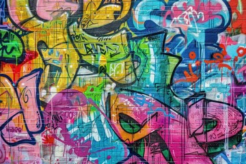 Thick and dynamic brush strokes create a vibrant graffiti wall backdrop filled with colorful tags, murals, and street art.

