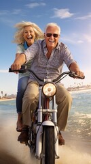 A man and a woman are riding a motorcycle on the beach