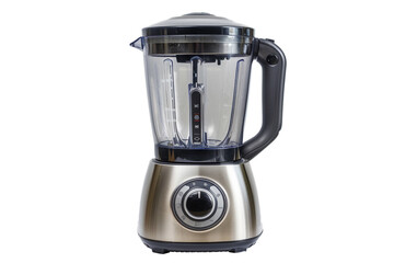 A blender with a stainless steel control panel and a pulse function for controlled blending isolated on a solid white background.
