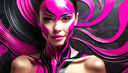 Gorgeous brunette female model with pink and black body and face paint. Nightclub concept.