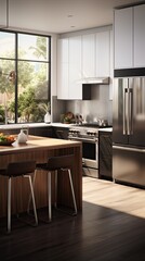 A kitchen with a wooden island and stainless steel appliances