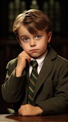 A young boy wearing a suit and tie is sitting at a table
