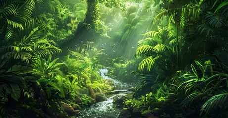 A lush rainforest with exotic animals and trees